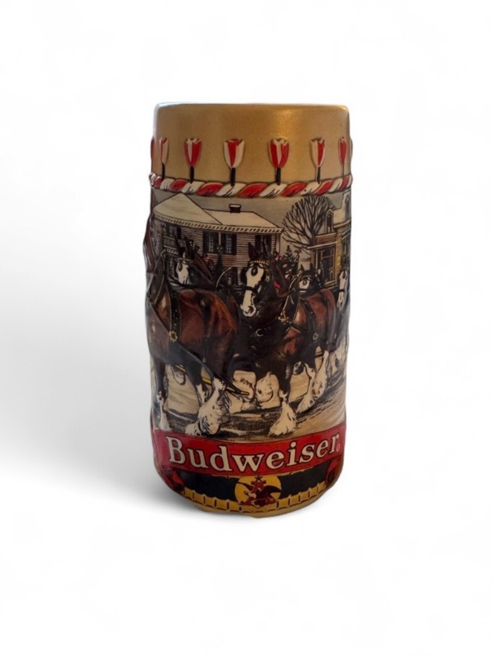 Vintage 1986 Budweiser Clydesdales Holiday Stein, Brazil Winter Scene Mug